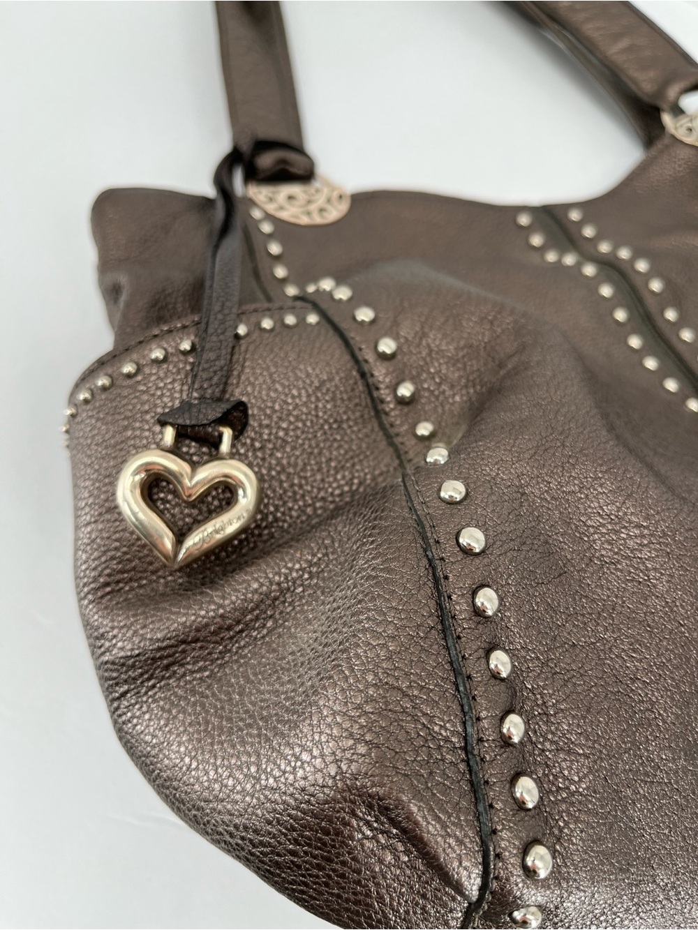 Brighton Metallic Bronze Leather Studded Shoulder Tote Bag Heart Charm L Hobo - Picture 2 of 12
